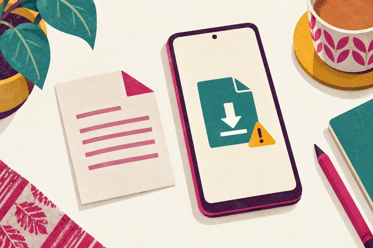 Illustrated phone with an installation warning beside a downloaded file