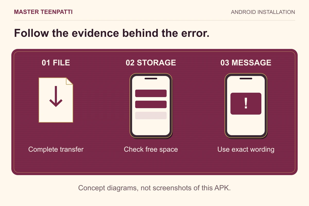 Three diagnostic illustrations: complete file, free storage and the exact error message