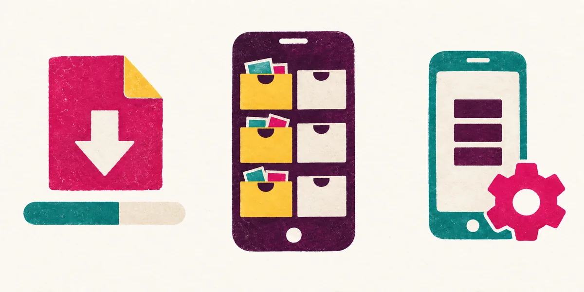 Illustrated download progress, storage space and phone settings checks