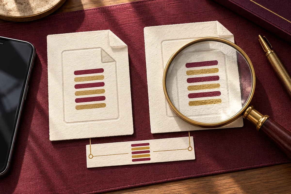 Two paper files with matching bar patterns examined through a magnifying glass