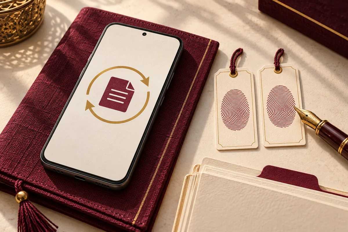 A phone with update arrows beside matching fingerprint tags and a pen