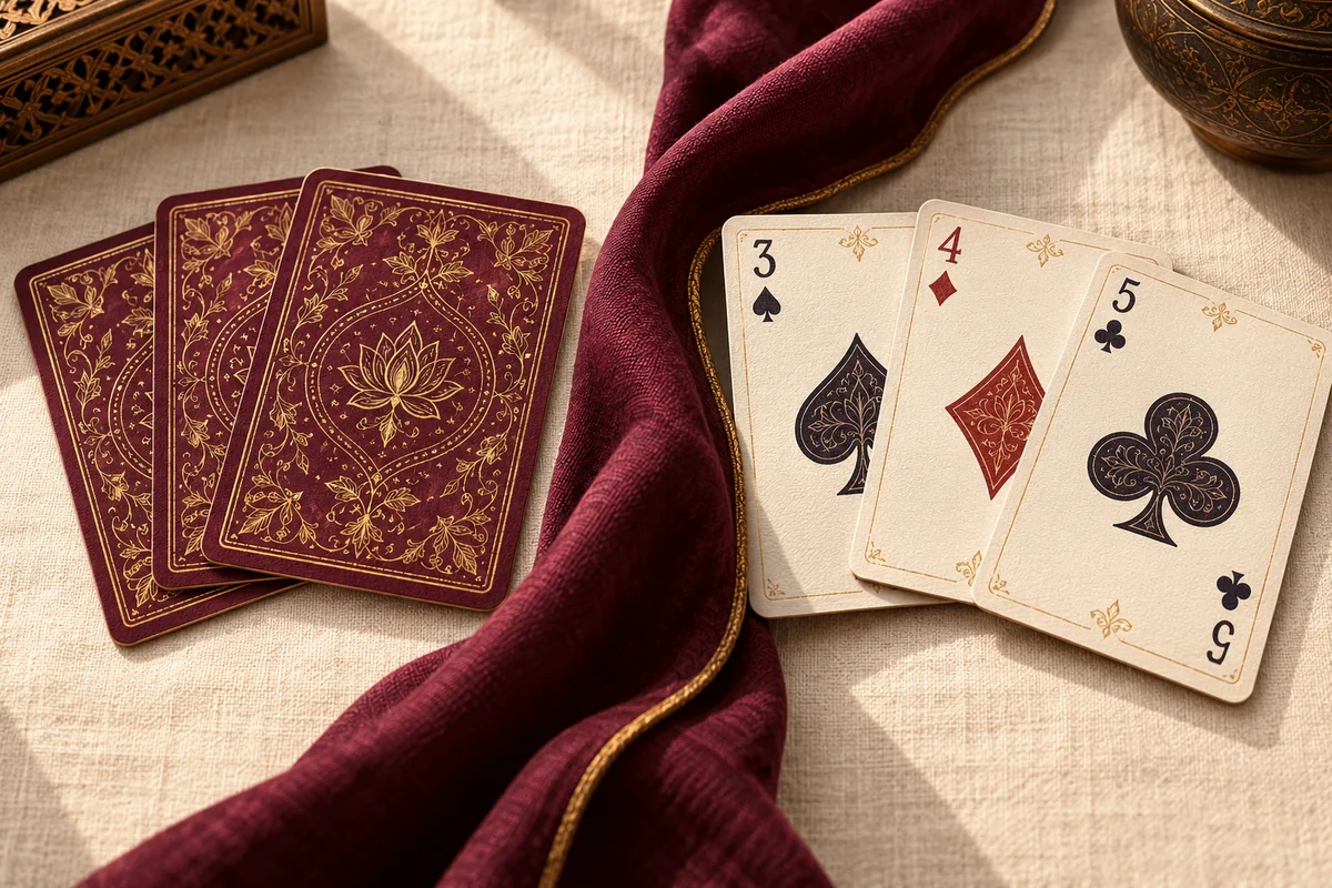 A concealed three-card fan and a visible three-card fan separated by wine fabric