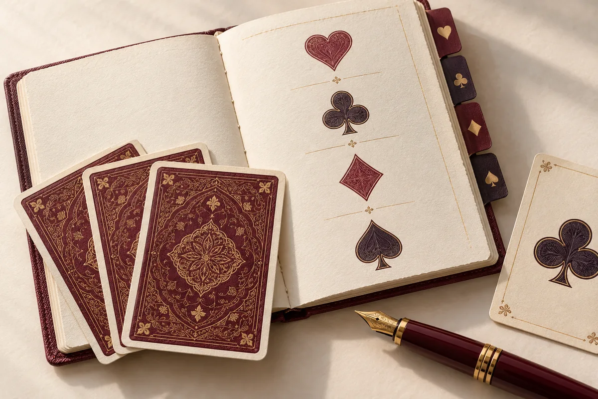 A tabbed reference notebook with four suit motifs, patterned cards and a fountain pen