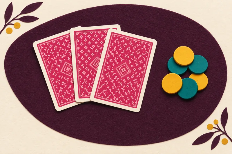 Three face-down cards beside a small pot of counters on a plum table