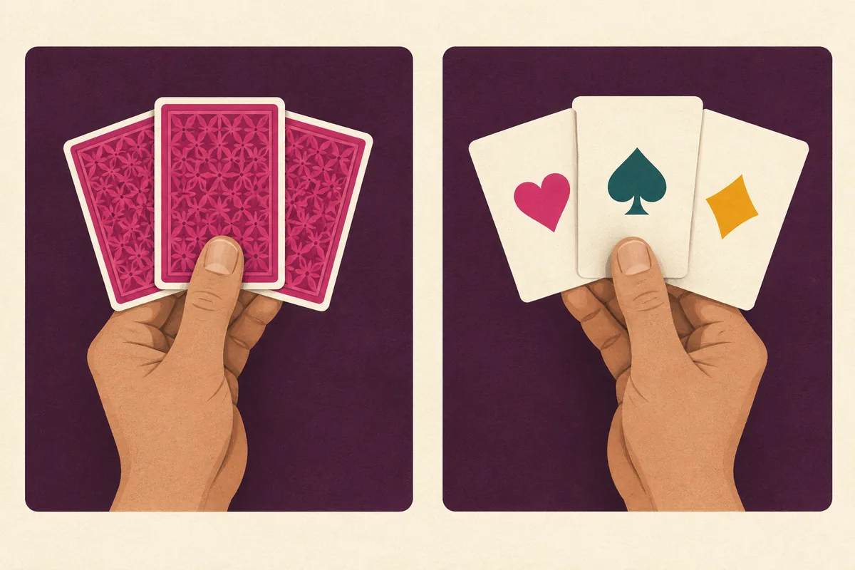 Two illustrated hands: three card backs on the left and three card faces on the right