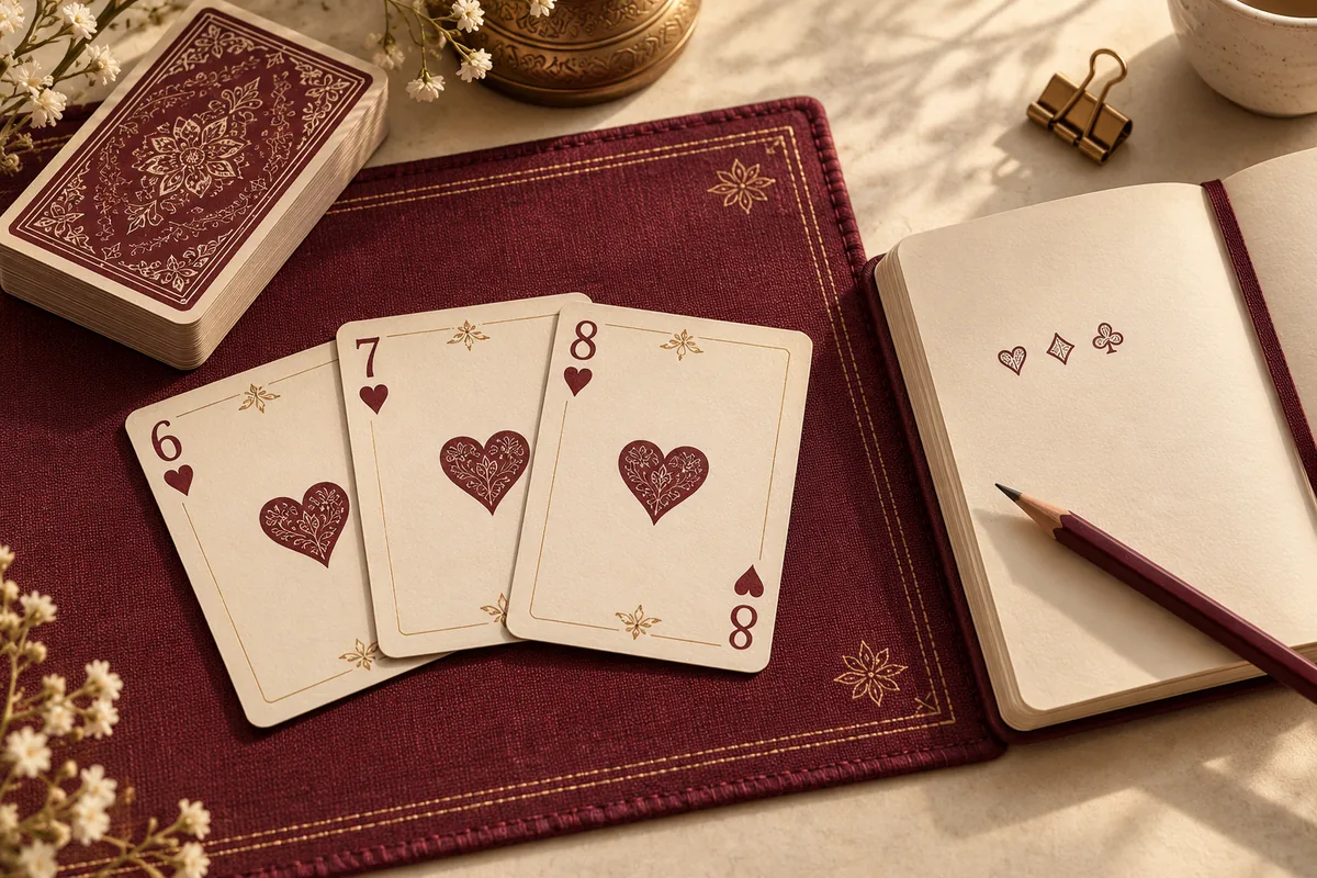 An engraved 6–7–8 heart hand on a wine mat beside a notebook and pencil