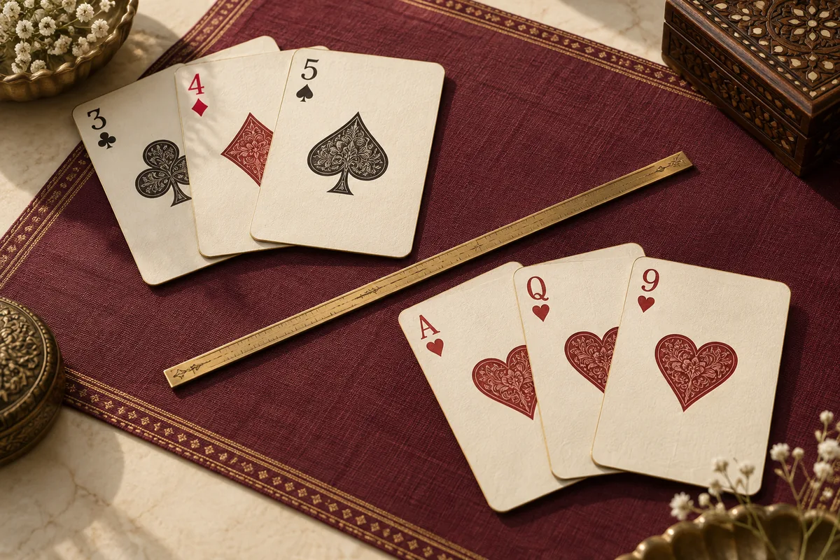 A 3♣ 4♦ 5♠ sequence and A♥ Q♥ 9♥ colour on a wine cloth mat