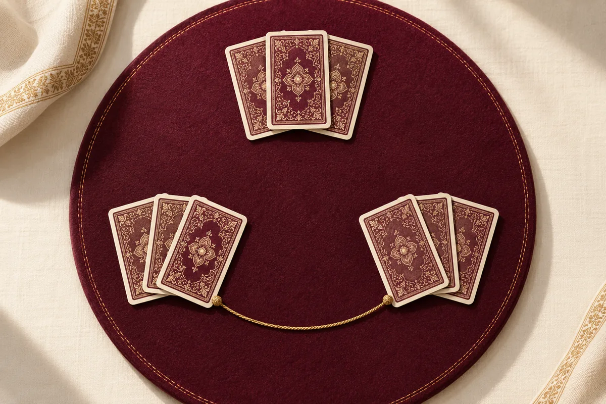 Three card positions on a round mat, with a gold cord linking two positions