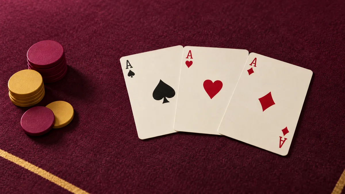 Three aces and plain counters on a plum Teen Patti table — brand illustration.
